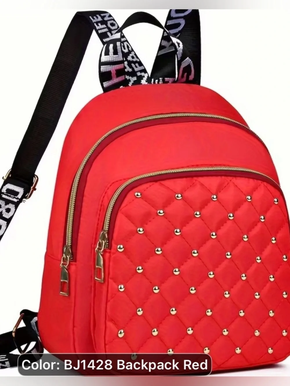 Quilted Stud Accent Red Women's Backpack